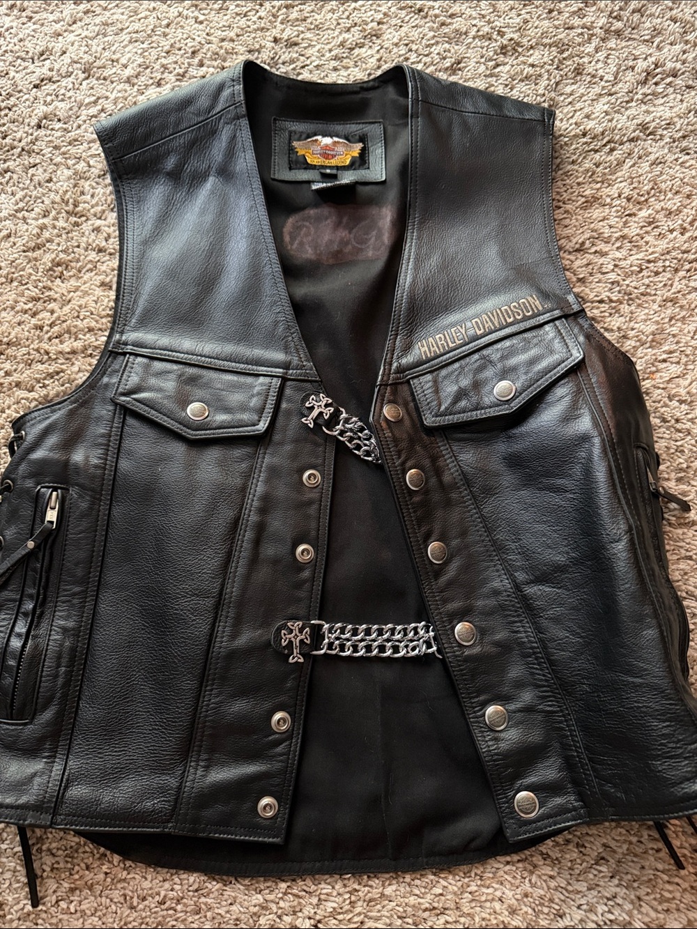 Harley-Davidson Black Leather Vest with Chain Closures